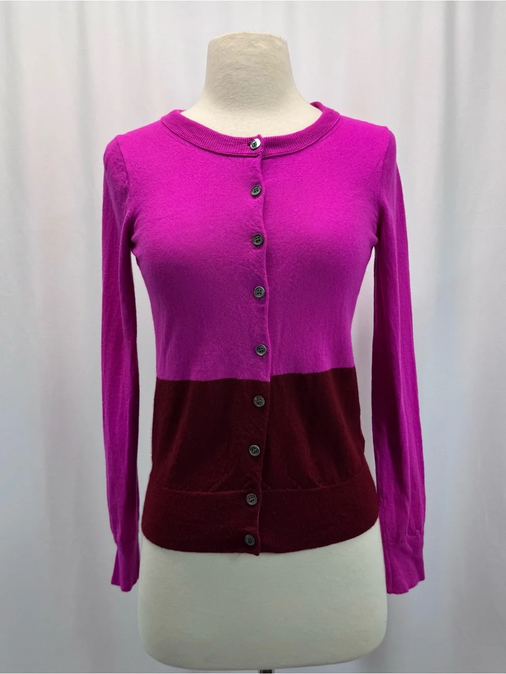 J. Crew Two-Tone Button-Front Cardigan Fuchsia S Wool Burgundy Preppy Luxury